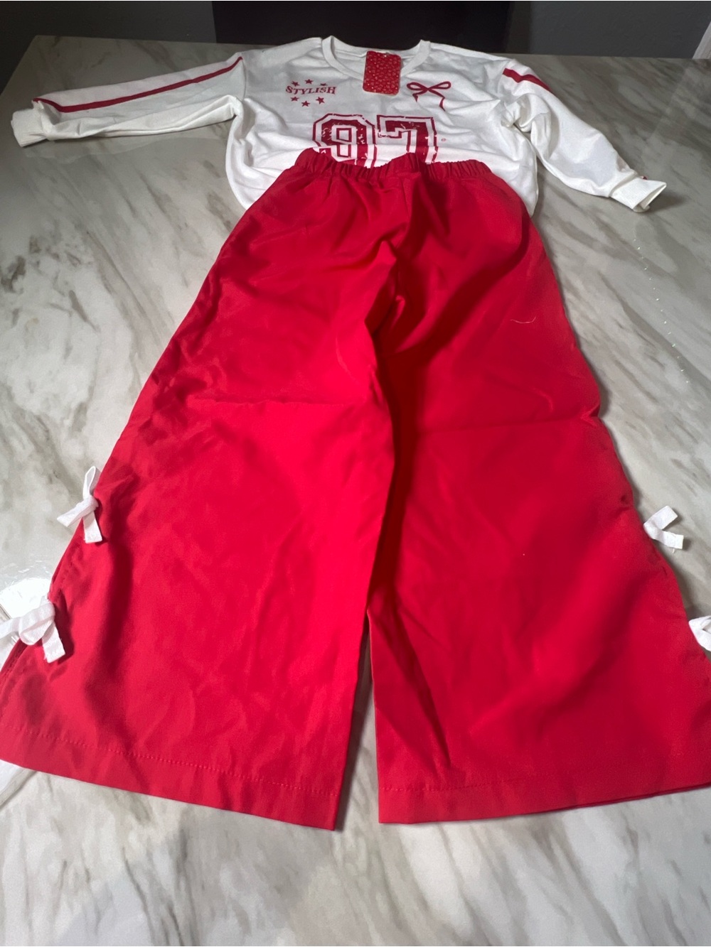PatPat Red Wide-Leg Kids Pants with White Bow Accents